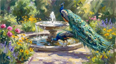 Two Peacocks Garden Fountain Oil Painting Canvas Wall Art