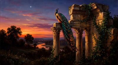 Peacock Classical Ruins Twilight Oil Painting Canvas Wall Art