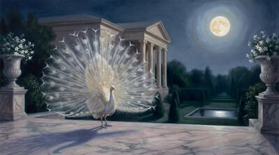 White Peacock Moonlit Palace Oil Painting Canvas Wall Art
