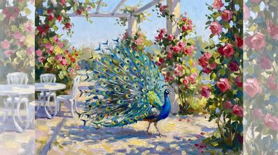 Peacock Rose Garden Impressionist Oil Painting Canvas Wall Art