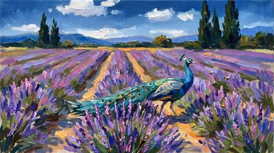 Peacock Lavender Field Oil Painting Canvas Wall Art
