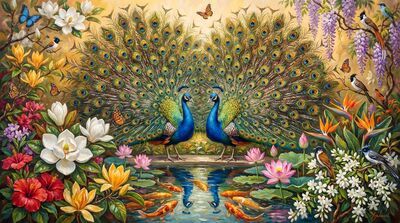 Peacock Paradise Garden Oil Painting Canvas Wall Art