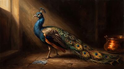 Peacock Golden Chiaroscuro Canvas Painting
