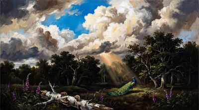 Peacock Dramatic Sky Woodland Canvas Painting