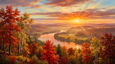 New England Autumn Dawn Oil Painting Canvas Wall Art