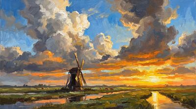 Dutch Windmill Sunrise Canvas Painting