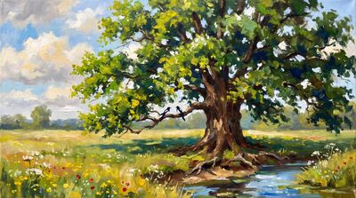 Majestic Elm Tree Meadow Oil Painting Canvas Wall Art