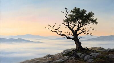 Solitary Oak Hilltop Morning Mist Oil Painting Canvas Wall Art