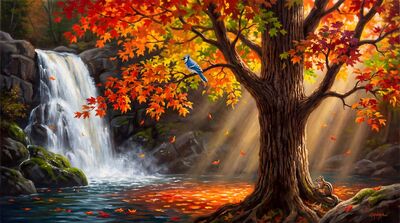 Autumn Maple Waterfall Oil Painting Canvas Wall Art