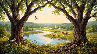 Two Elms River Bend Pastoral Oil Painting Canvas Wall Art