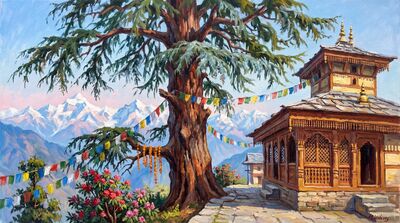 Deodar Cedar Himalayan Temple Canvas Painting