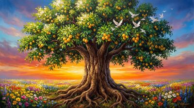 Sacred Kalpavriksha Wish Tree Sunrise Canvas Painting