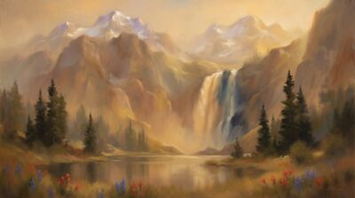 Mountain Waterfall Golden Light Oil Painting Canvas Wall Art