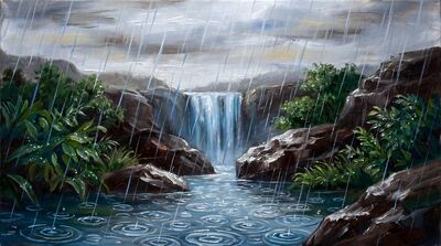 Waterfall Gentle Rain Silver Sky Oil Painting Canvas Wall Art