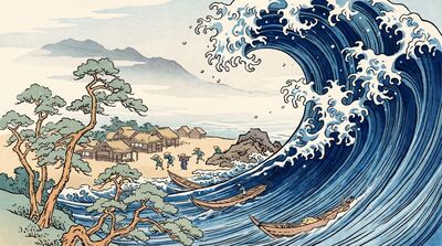 Tidal Wave at Fishing Village Canvas Painting