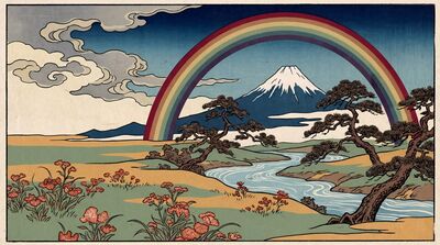 Mount Fuji Double Rainbow Canvas Painting