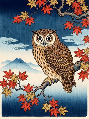 Owl on Maple Branch Canvas Wall Art