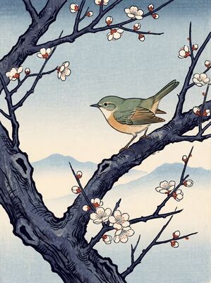 Plum Blossoms and Warbler Canvas Wall Art
