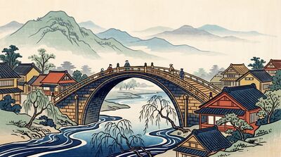 Village Bridge Canvas Painting