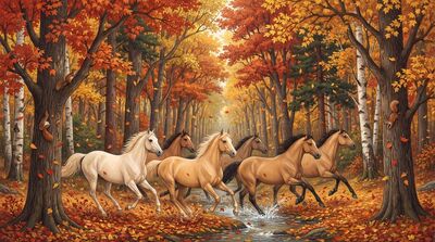 Seven Horses Autumn Forest Canvas Painting