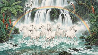 Seven Horses at Waterfall Canvas Painting