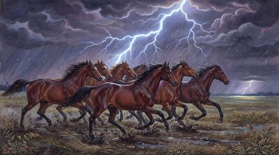 Seven Dark Bay Storm Horses Canvas Wall Art