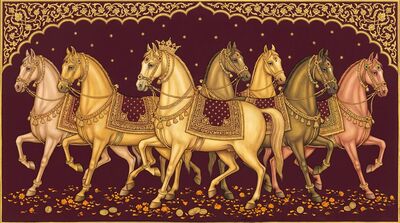 Seven Golden Regal Horses Canvas Painting