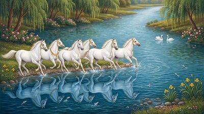 Seven Horses Riverbank Mirror Canvas Wall Art
