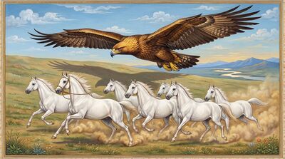 Seven Horses Golden Eagle Canvas Painting