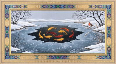 Winter Koi Ice Edge Pond Canvas Painting