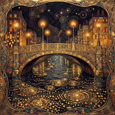 Gustav Klimt Night Bridge Reflections Canvas Painting