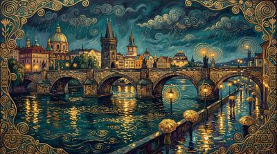 Gustav Klimt Prague Bridge Panorama Rainy Night Canvas Painting