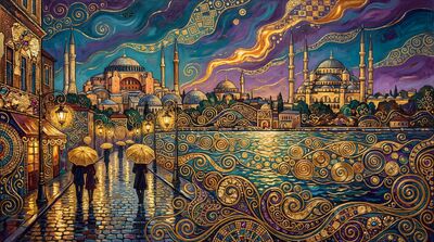 Gustav Klimt Istanbul Skyline Panorama Rainy Night Canvas Wall Art