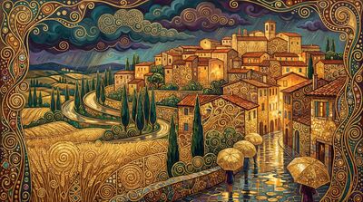 Gustav Klimt Tuscan Hilltop Village Rainy Night Canvas Wall Art
