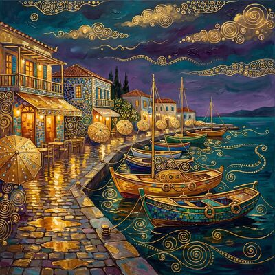 Gustav Klimt Greek Fishing Port Rainy Night Canvas Painting