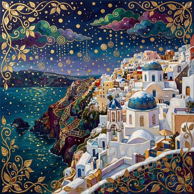 Gustav Klimt Santorini Cliffside Village Winter Snow Canvas Painting