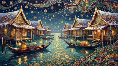 Gustav Klimt Floating Village Scene Winter Snow Canvas Painting