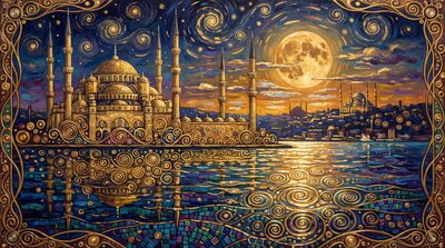 Gustav Klimt Istanbul Skyline Panorama Moonlit Canvas Wall Art