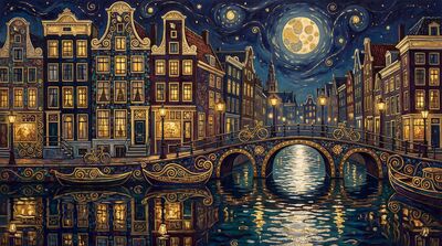 Gustav Klimt Amsterdam Canal Houses Moonlit Canvas Wall Art