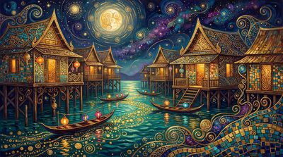 Gustav Klimt Floating Village Scene Moonlit Canvas Painting