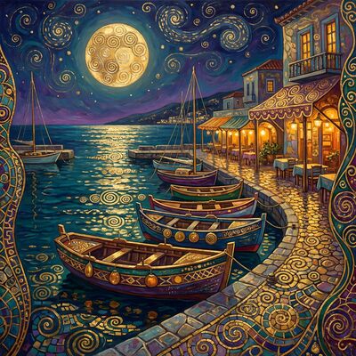 Gustav Klimt Greek Fishing Port Moonlit Canvas Painting