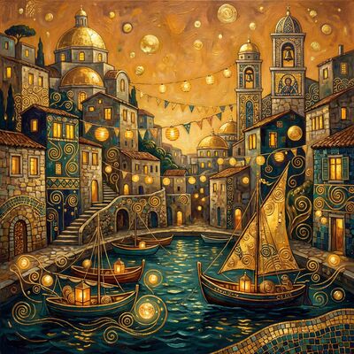 Gustav Klimt Mediterranean Harbor Festival Lights Canvas Wall Art