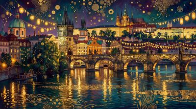 Gustav Klimt Prague Bridge Panorama Festival Lights Canvas Painting