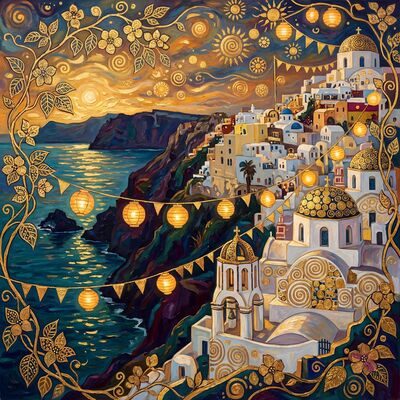 Gustav Klimt Santorini Cliffside Village Festival Lights Canvas Painting