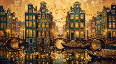 Gustav Klimt Amsterdam Canal Houses Festival Lights Canvas Wall Art