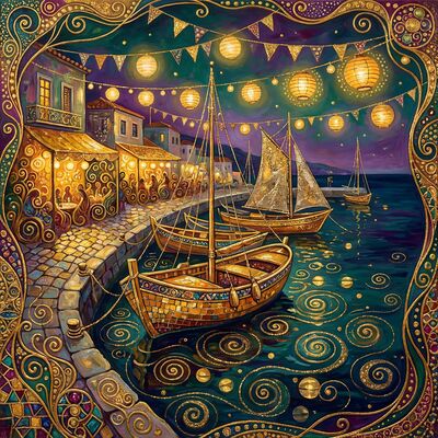 Gustav Klimt Greek Fishing Port Festival Lights Canvas Painting