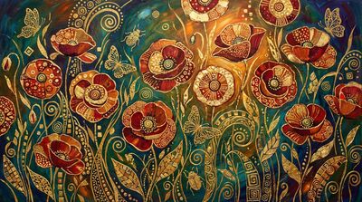 Gustav Klimt Poppy Meadow Landscape Canvas Painting