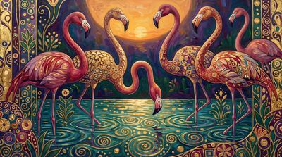Gustav Klimt Pink Flamingo Group Scene Canvas Wall Art