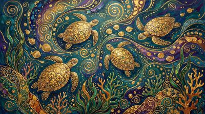 Gustav Klimt Sea Turtle Swimming Scene Canvas Painting