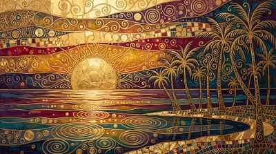 Gustav Klimt Tropical Sunset Ocean Canvas Wall Art